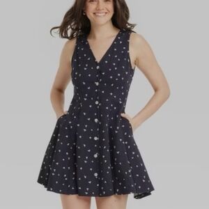 Universal Thread Button-Front Godet Mini A-Line Dress, Navy Blue Floral. XL
